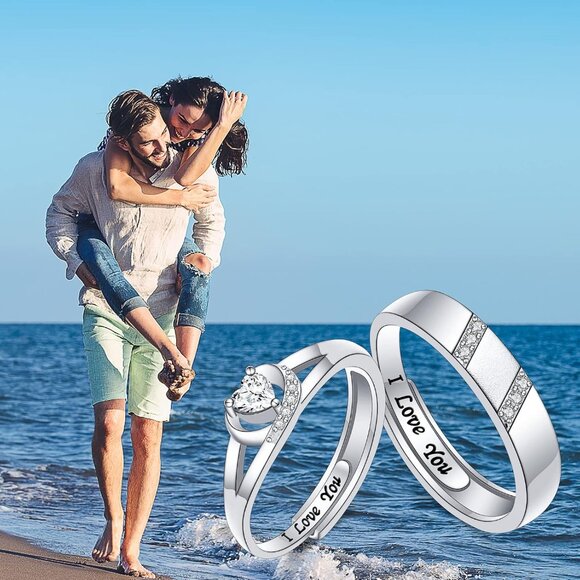 Couple Rings for Couples - Adjustable Silver Promise Rings with Cubic Zirconia, - Picture 6 of 7